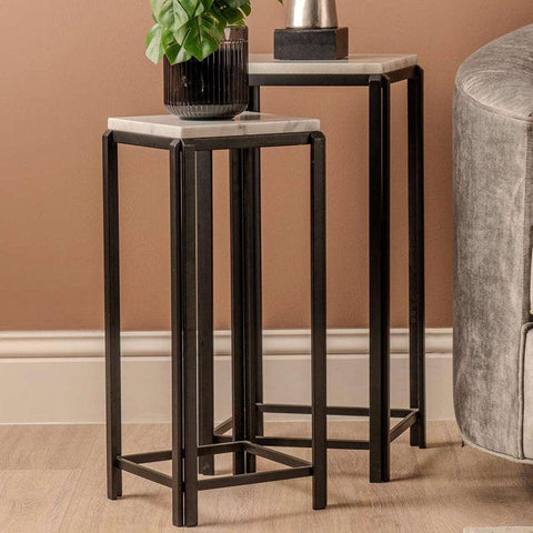 White Marble and black Iron Side Coffee Tables, Set of 2 - Decor Mantra 
