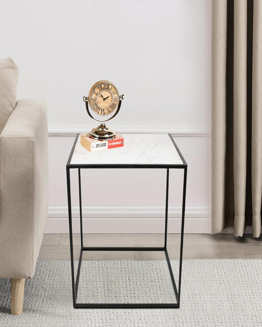 Square White Marble and Black Stand Side Table - Decor Mantra 