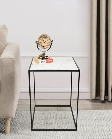 Square White Marble and Black Stand Side Table - Decor Mantra 