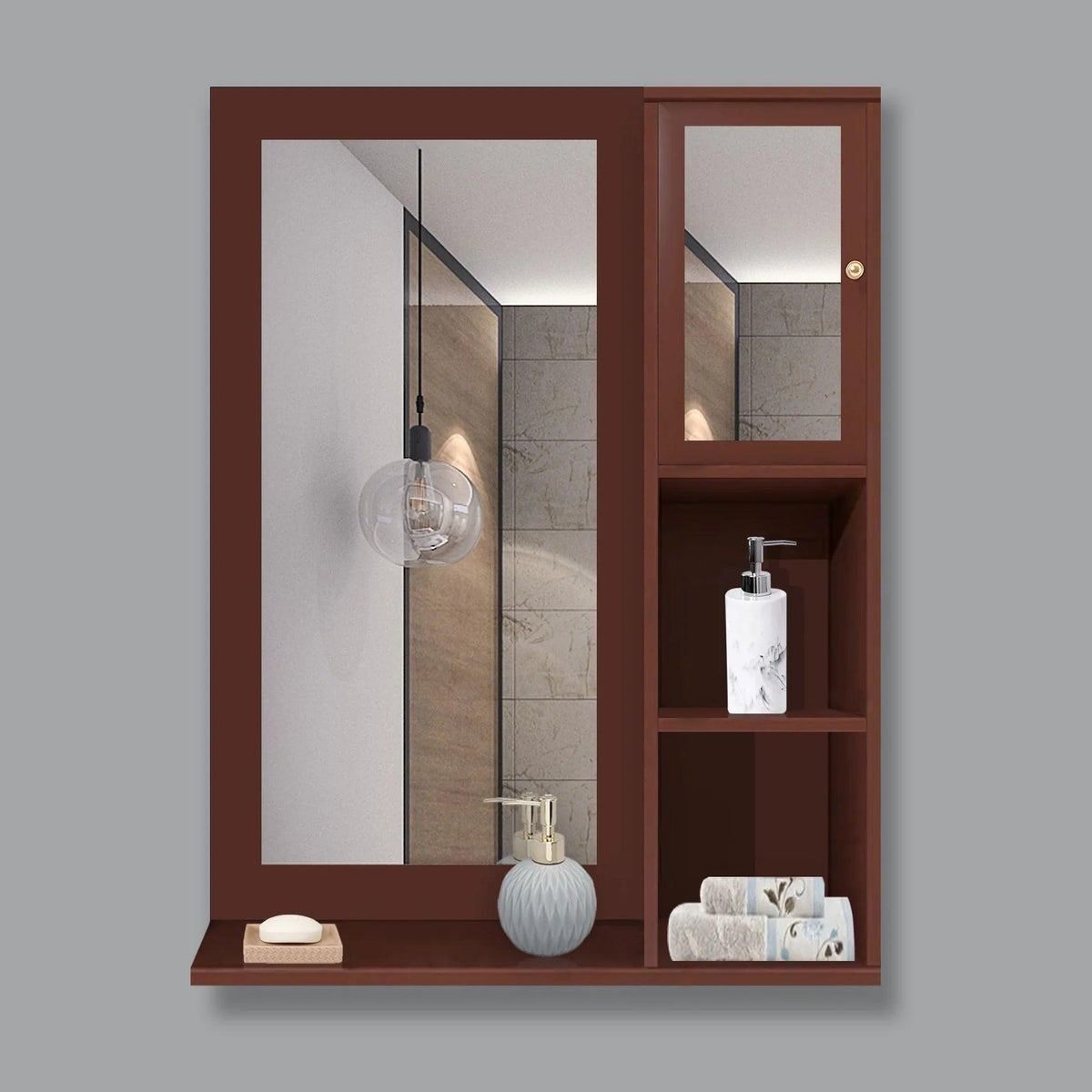 Structured Wooden Bathroom Cabinet Mirror with 4 Spacious Shelves with Solid Brown Finish - Decor Mantra 