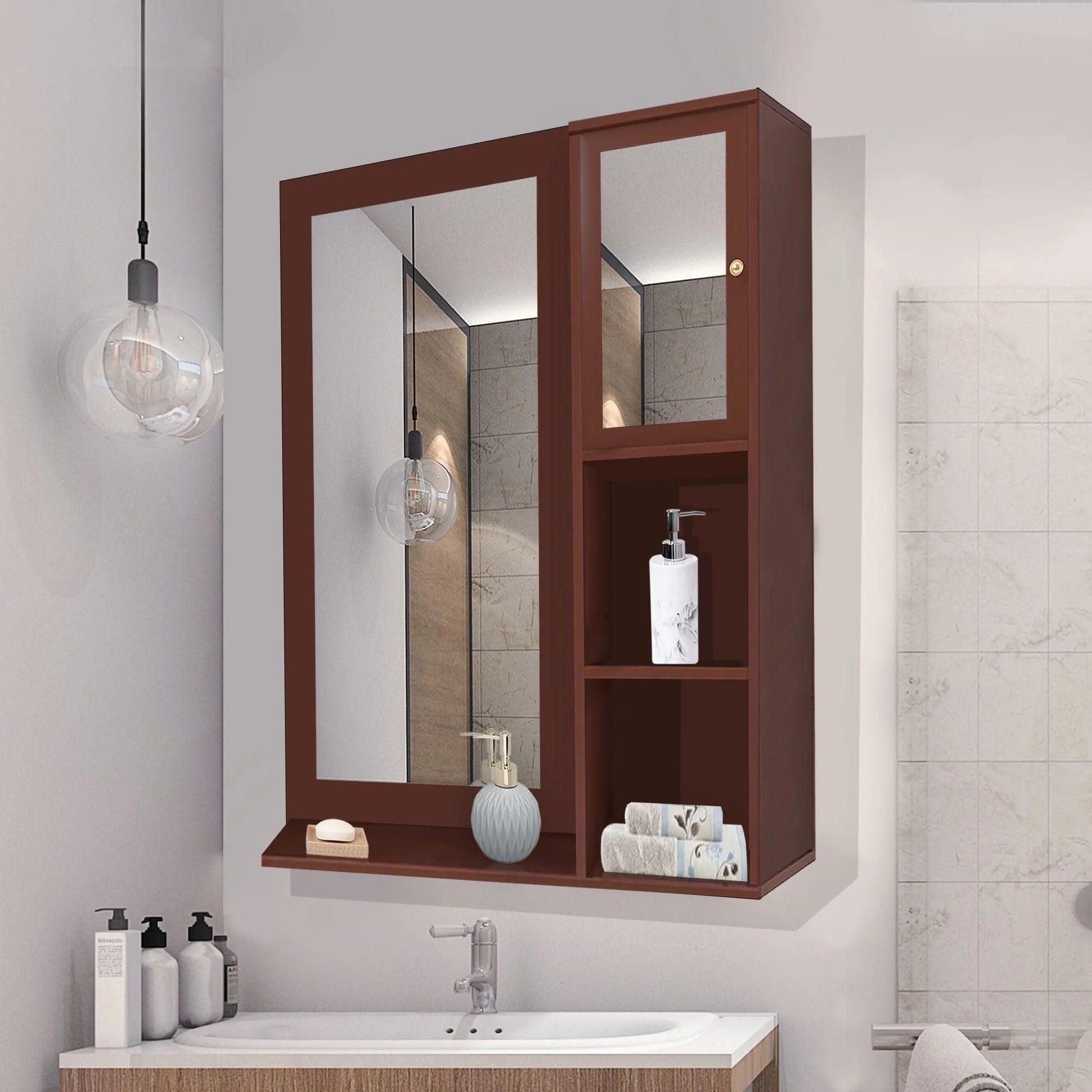 Structured Wooden Bathroom Cabinet Mirror with 4 Spacious Shelves with Solid Brown Finish - Decor Mantra 