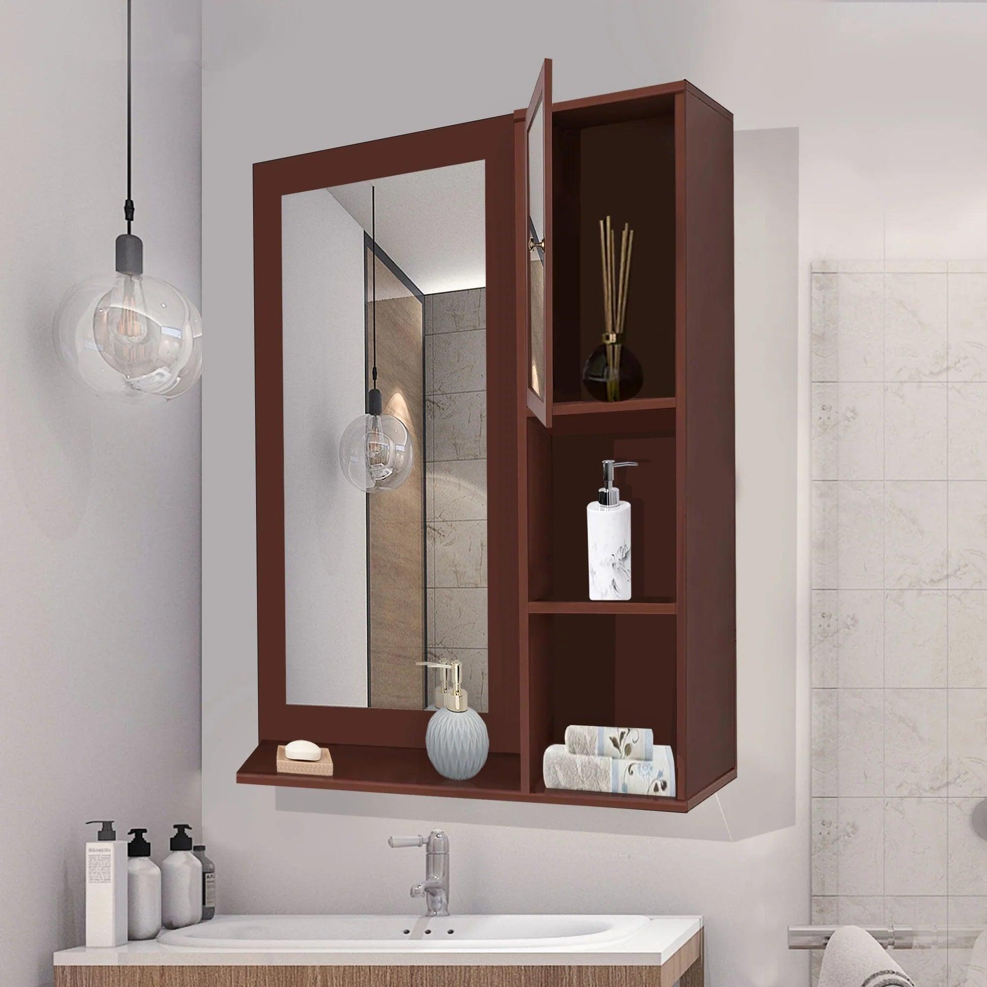 Structured Wooden Bathroom Cabinet Mirror with 4 Spacious Shelves with Solid Brown Finish - Decor Mantra 