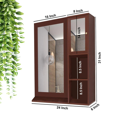 Structured Wooden Bathroom Cabinet Mirror with 4 Spacious Shelves with Solid Brown Finish - Decor Mantra 