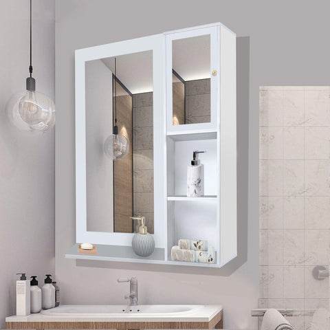 Structured Wooden Bathroom Cabinet Mirror with 4 Spacious Shelves with White Finish - Decor Mantra 
