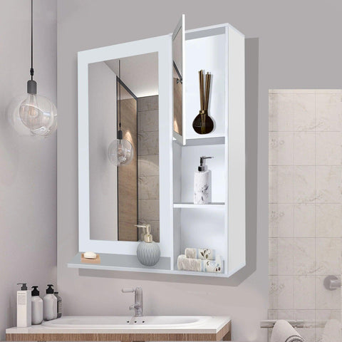 Structured Wooden Bathroom Cabinet Mirror with 4 Spacious Shelves with White Finish - Decor Mantra 