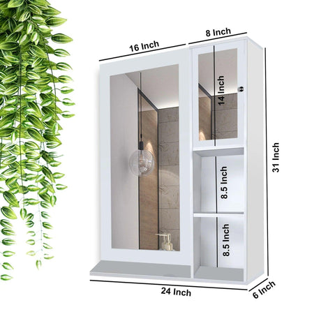 Structured Wooden Bathroom Cabinet Mirror with 4 Spacious Shelves with White Finish - Decor Mantra 