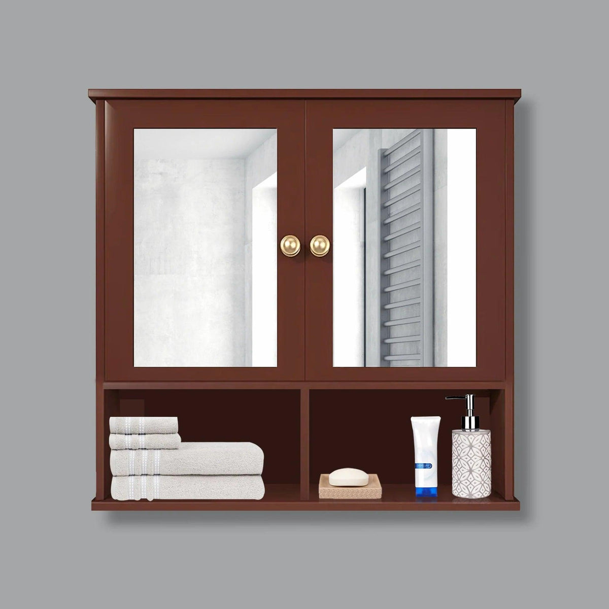 Sturdy Wooden Bathroom Storage Cabinet with Mirrors & 4 Spacious Shelves with Solid Brown Finish - Decor Mantra 