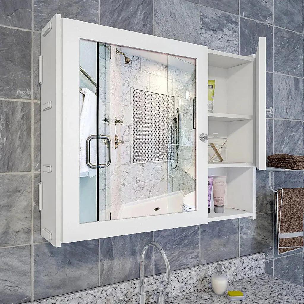 Sturdy Premium Wooden Bathroom Storage Cabinet with Mirrors & 5 Spacious Shelves with White Finish - Decor Mantra 