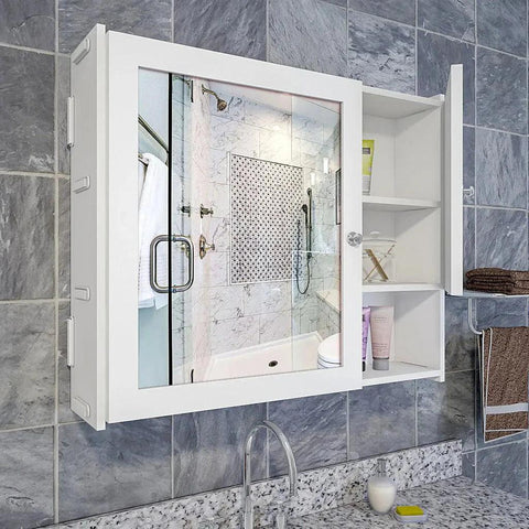 Sturdy Premium Wooden Bathroom Storage Cabinet with Mirrors & 5 Spacious Shelves with White Finish - Decor Mantra 
