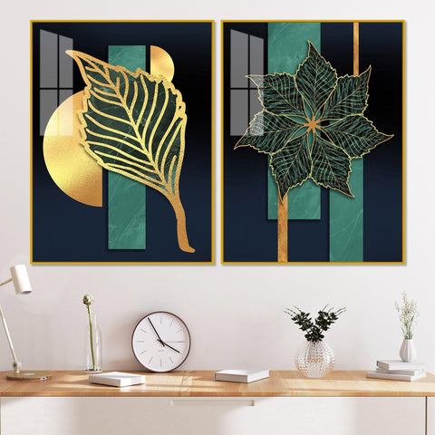 Golden Line Leaves Acrylic Floating Wall Painting Set of 2 - Decor Mantra 
