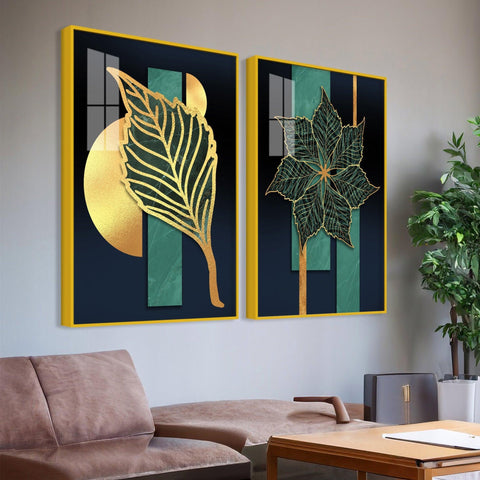 Golden Line Leaves Acrylic Floating Wall Painting Set of 2 - Decor Mantra 