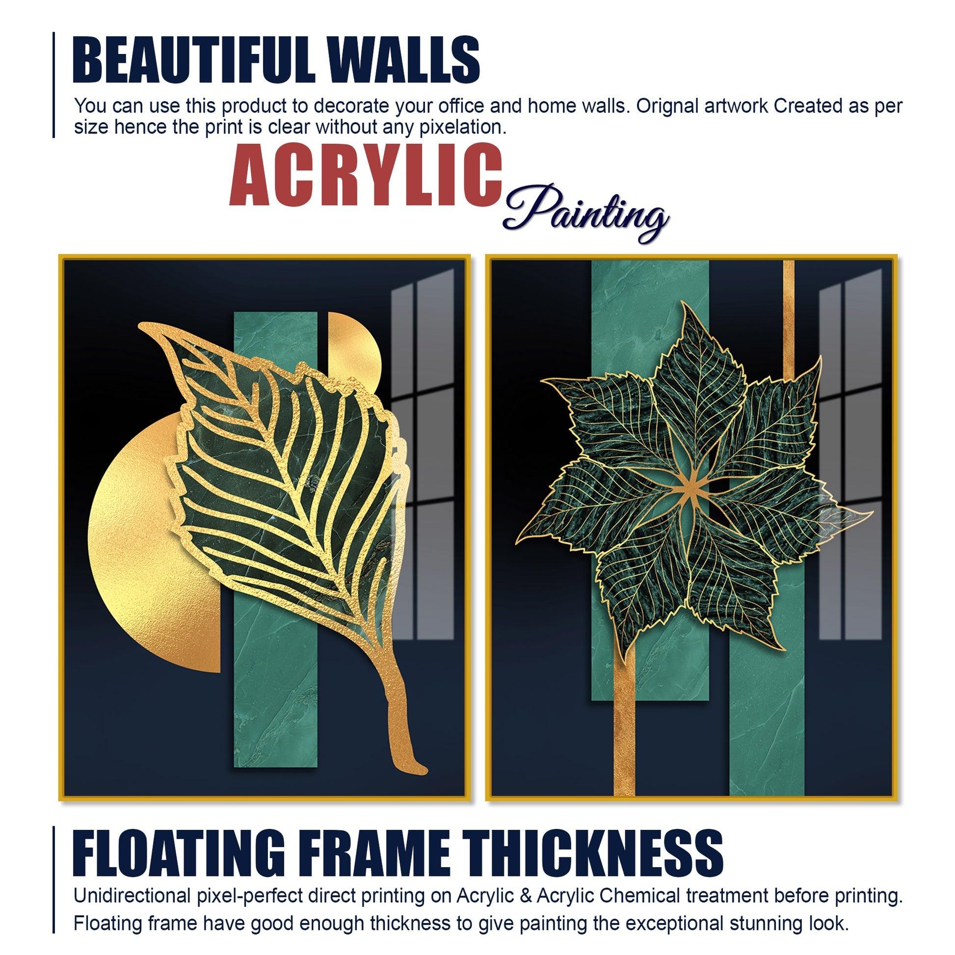 Golden Line Leaves Acrylic Floating Wall Painting Set of 2 - Decor Mantra 