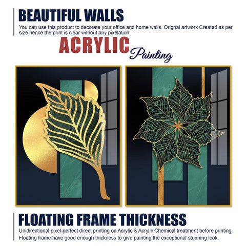 Golden Line Leaves Acrylic Floating Wall Painting Set of 2 - Decor Mantra 