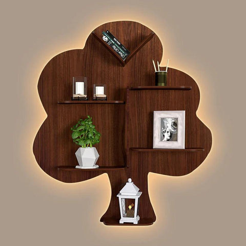 Tree Backlit Designer Wooden Wall Shelf / Book Shelf / Night Light, Walnut Finish - Decor Mantra 
