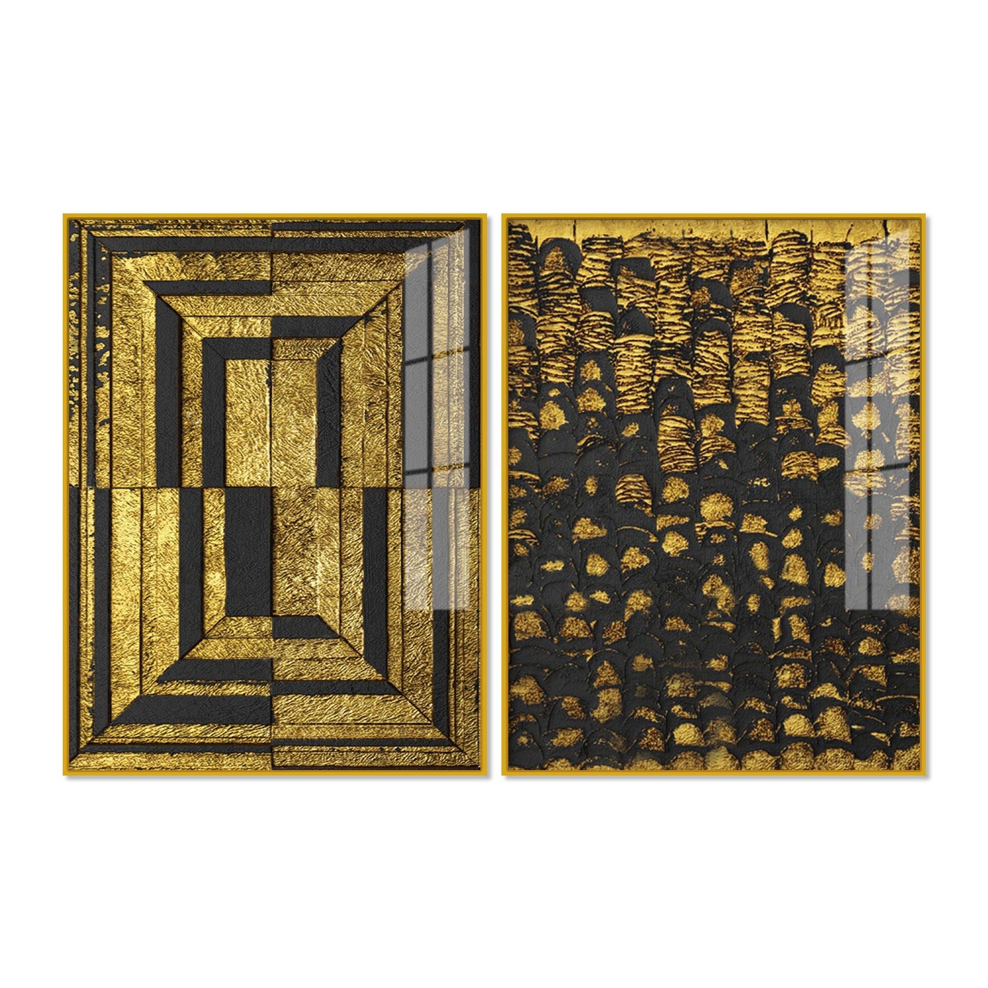 Golden Abstract Artistic Shapes Art Acrylic Floating Wall Painting Set Of 2 - Decor Mantra 