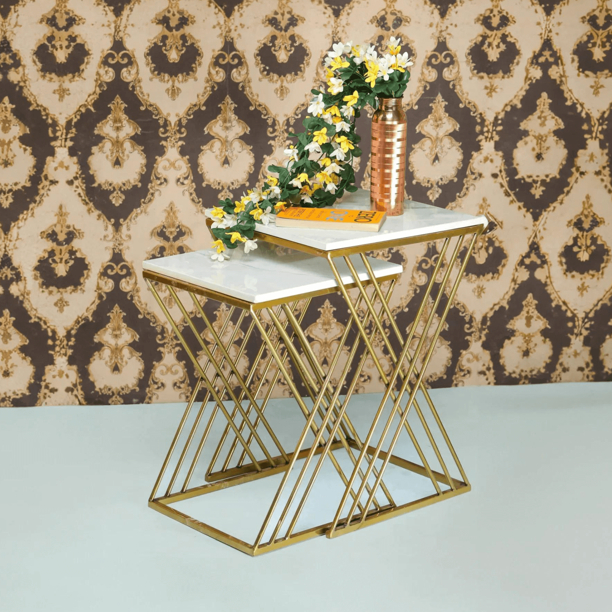 White Marble Golden Iron Stand Side Coffee Table Set of 2 - Decor Mantra 