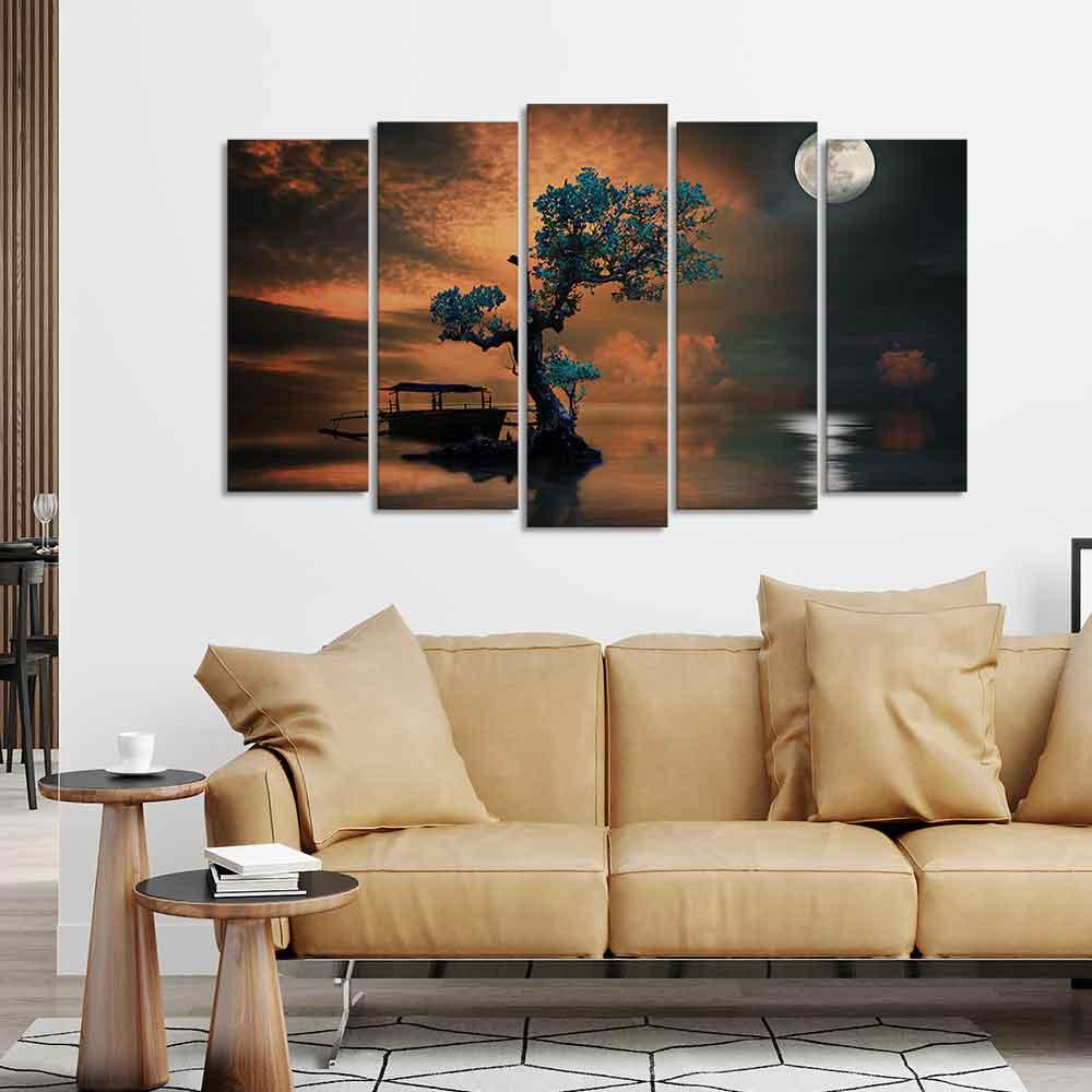 Amazing Tree Under The Moon Premium Wall Painting Set of 5 Pieces - Decor Mantra 
