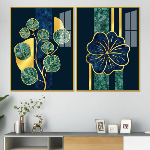Blue Flower and Green Plant Acrylic Floating Wall Painting Set of 2 - Decor Mantra 