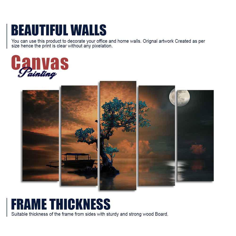 Amazing Tree Under The Moon Premium Wall Painting Set of 5 Pieces - Decor Mantra 