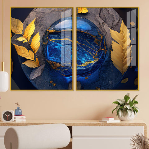 Golden Leaves Acrylic Floating Wall Painting Set of 2 - Decor Mantra 