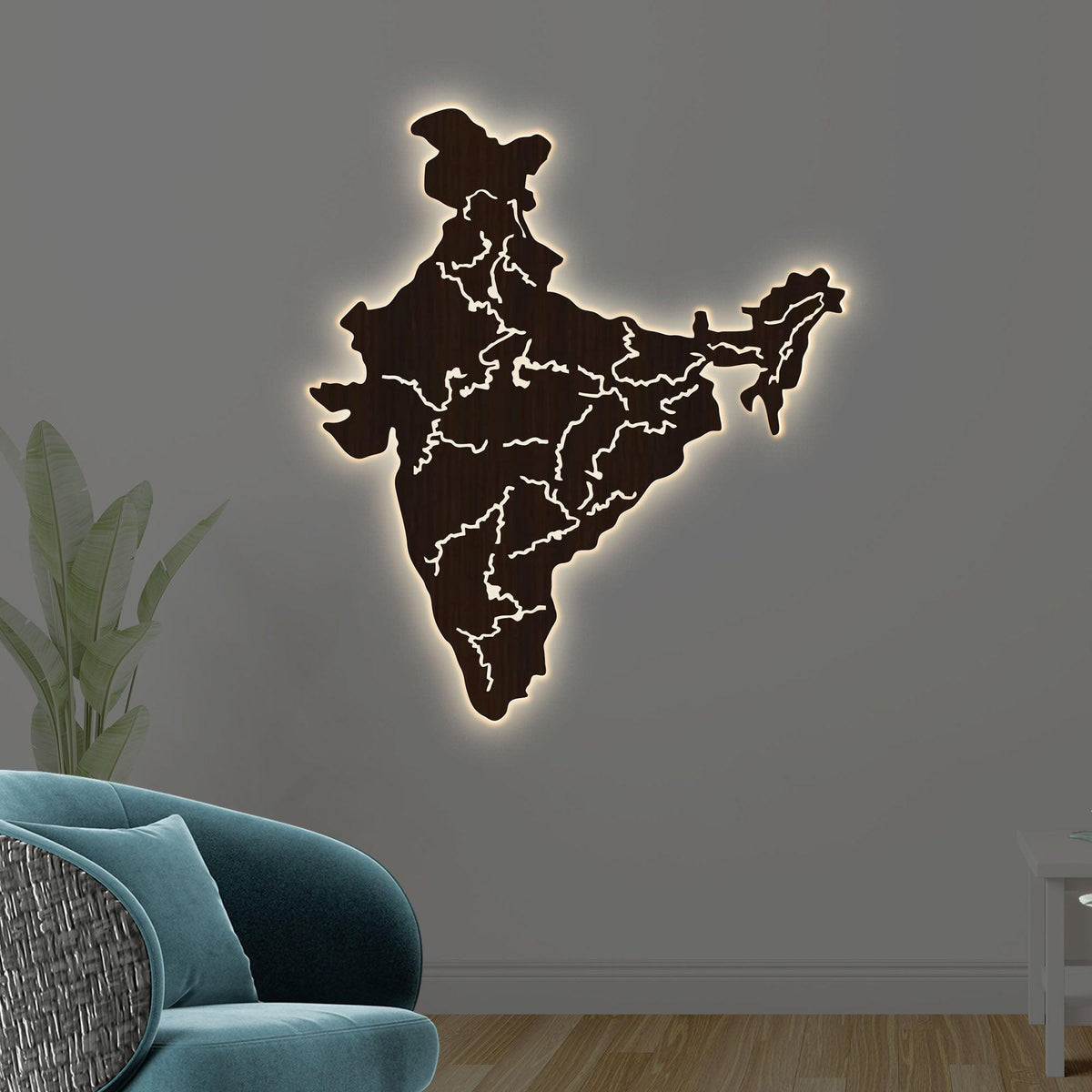 India Map Backlit Wooden Wall Decor with LED Night Light Walnut Finish - Decor Mantra 