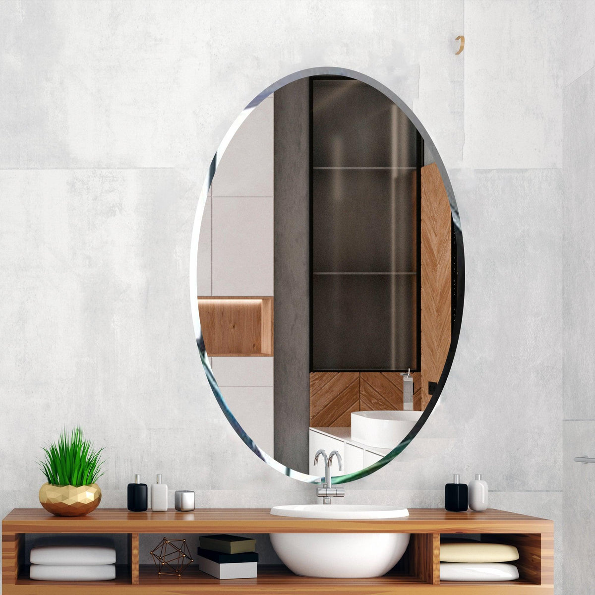 Scandinavian Frame less Beveled Oval Shaped Wall Mirror - Decor Mantra 