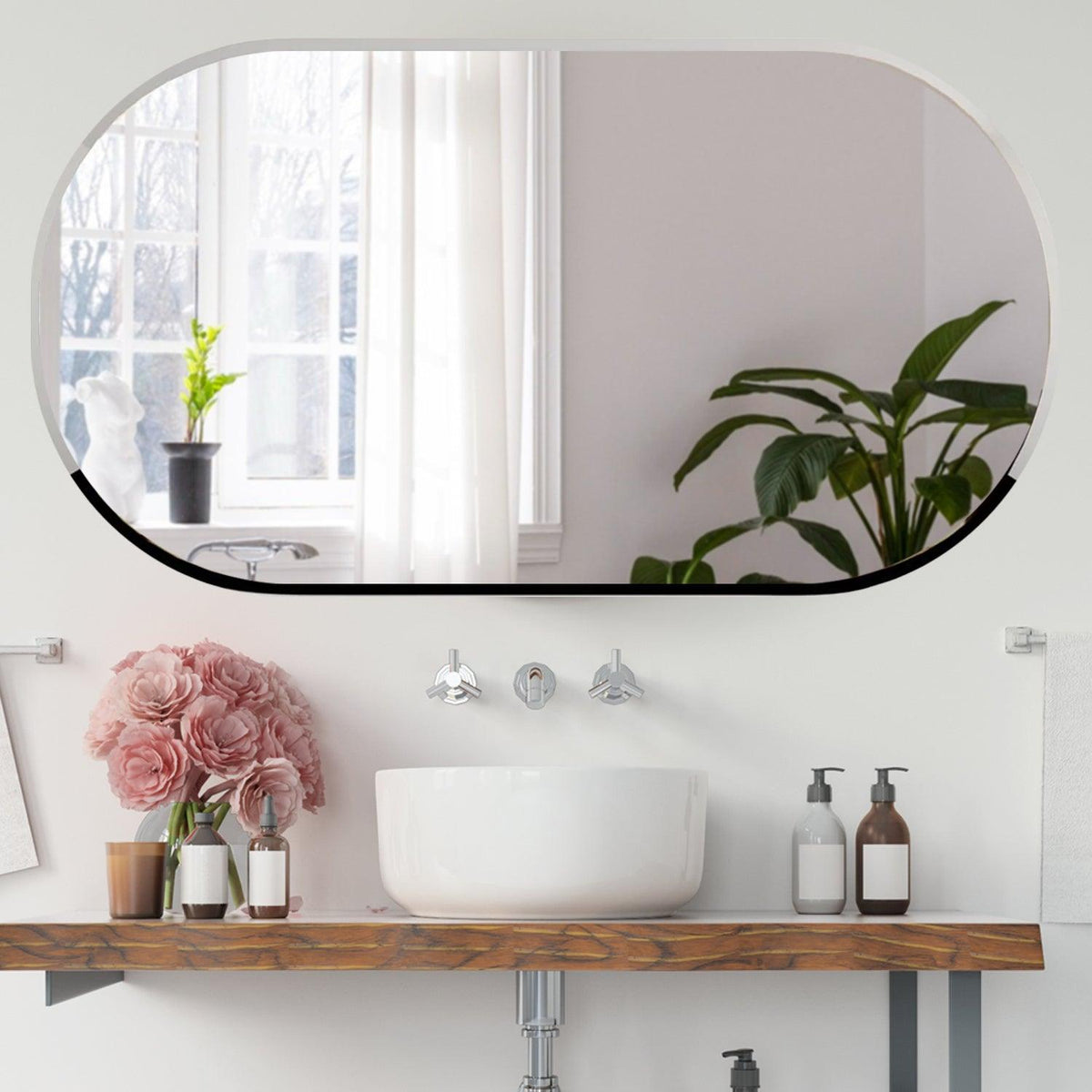 Scandinavian Frameless Beveled Capsule shaped Bathroom Mirror - Decor Mantra 