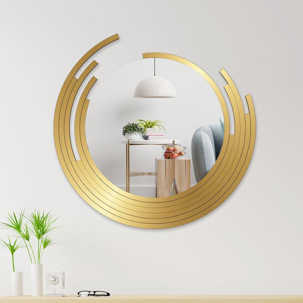 Beautiful Decorative Wooden Wall Mirror Rounded Shape with Golden Finish Frame - Decor Mantra 