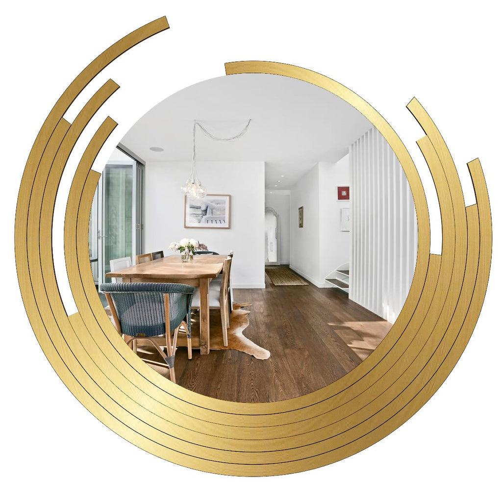 Beautiful Decorative Wooden Wall Mirror Rounded Shape with Golden Finish Frame - Decor Mantra 