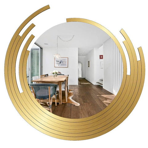 Beautiful Decorative Wooden Wall Mirror Rounded Shape with Golden Finish Frame - Decor Mantra 