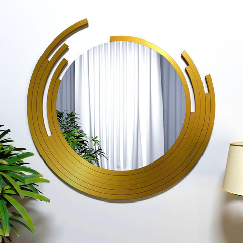 Beautiful Decorative Wooden Wall Mirror Rounded Shape with Golden Finish Frame - Decor Mantra 