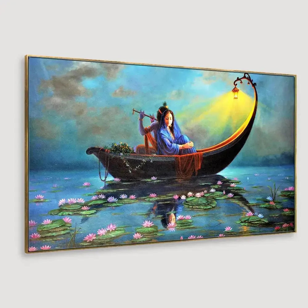Radha Krishna Ferry Romance Panoramic Canvas Painting