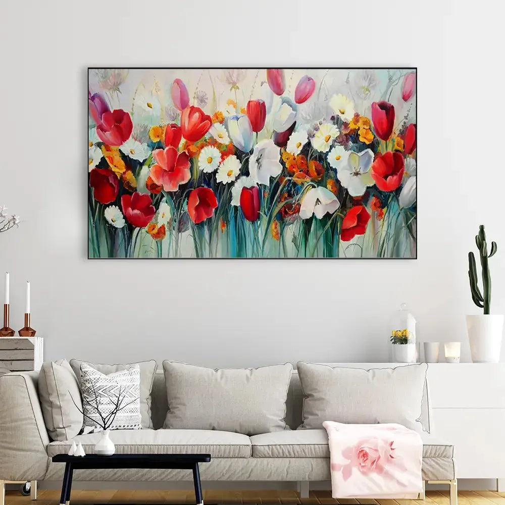 Red and White Tulips Floral Canvas Painting