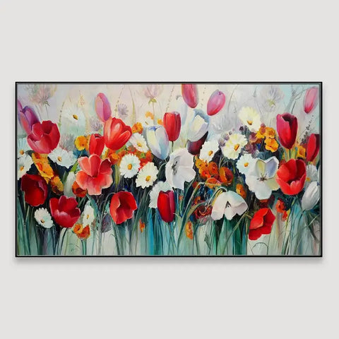 Red and White Tulips Floral Canvas Painting