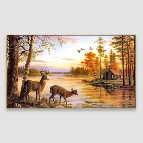 Golden Sunset Lake Panoramic Canvas Painting