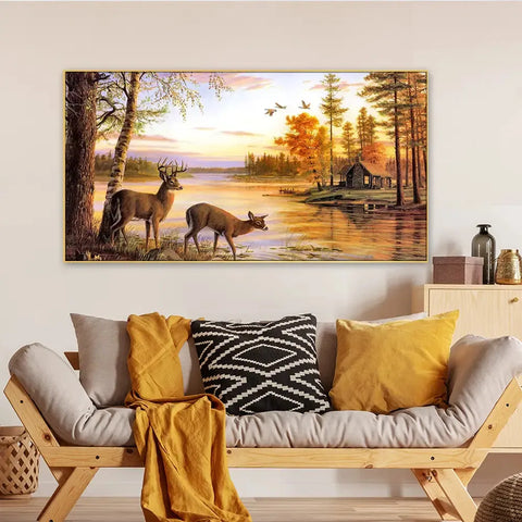 Golden Sunset Lake Panoramic Canvas Painting