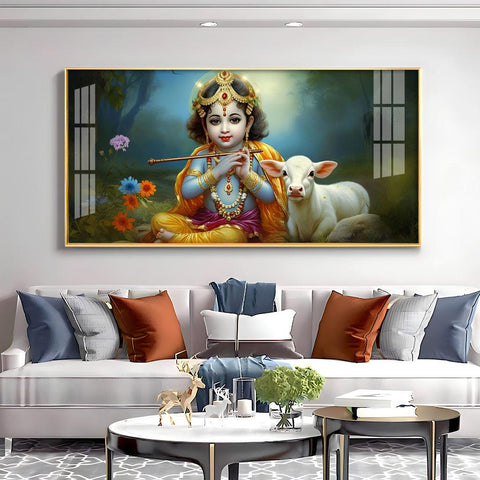 Horizontal Wall Art with Little Krishna, Bansuri & Cow in Premium Acrylic - Decor Mantra 