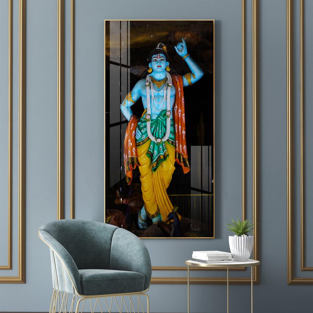 Artistic Krishna Lifting Govardhan Parvat Vertical Wall Art in Premium Acrylic - Decor Mantra 