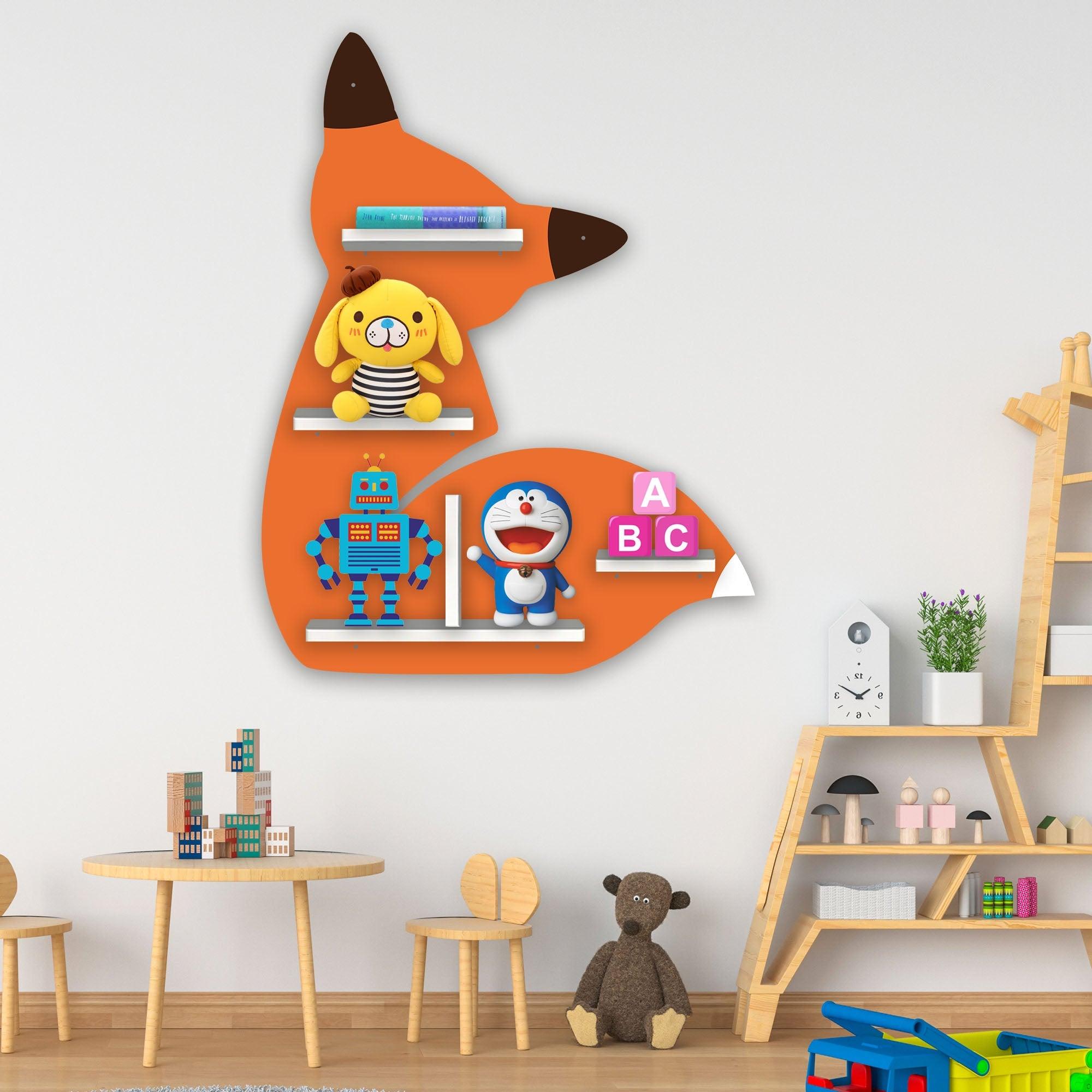 Designer Fox Shape Wooden LED Light Wall Shelf for Kids - Decor Mantra 