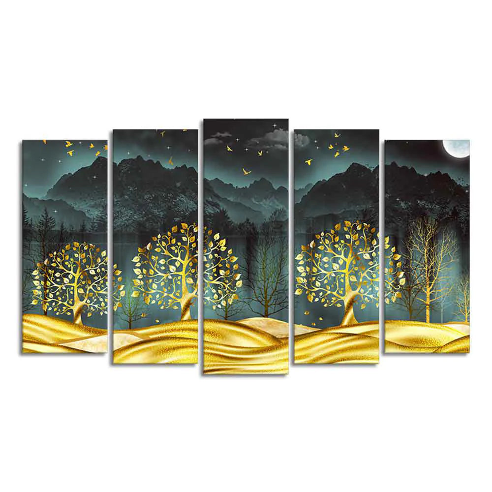 Wall Painting of Golden Trees in Dark Forest of Five Pieces Set