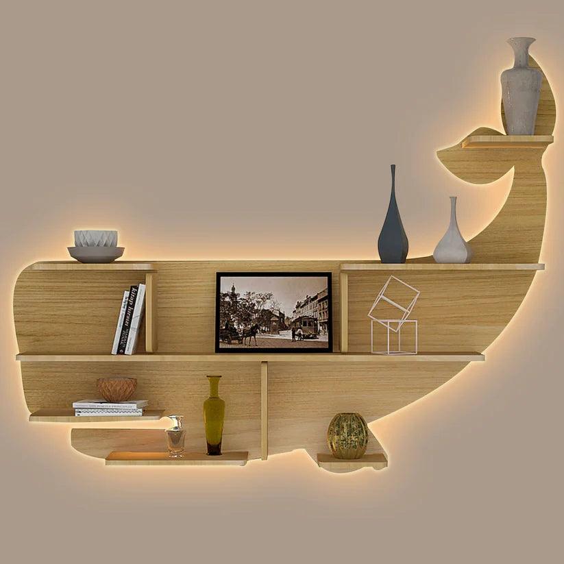 Whale Backlit Designer Wooden Wall Shelf / Book Shelf / Night Light, Light Oak Finish - Decor Mantra 