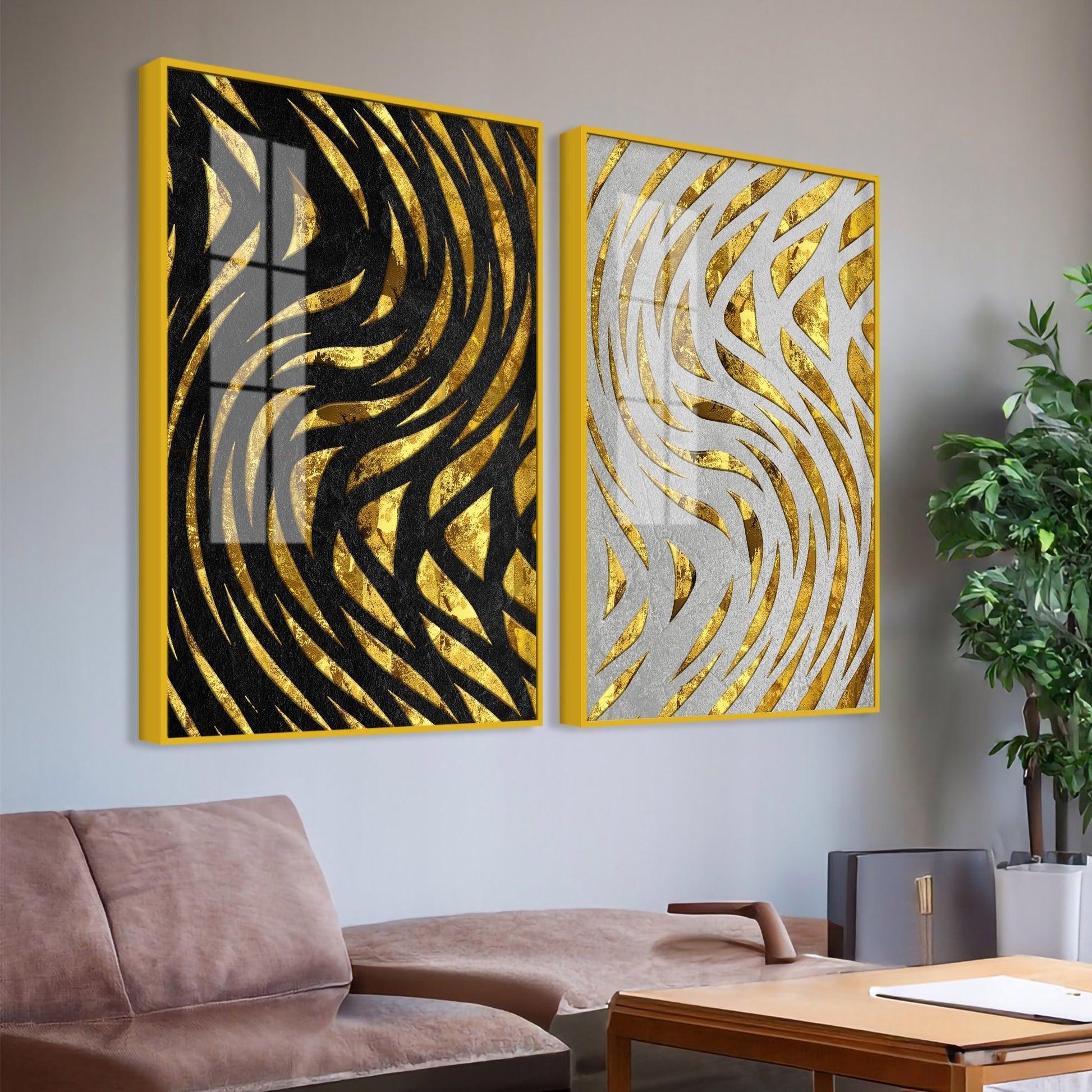 Golden Patterns Acrylic Floating Wall Painting Set of 2 - Decor Mantra 