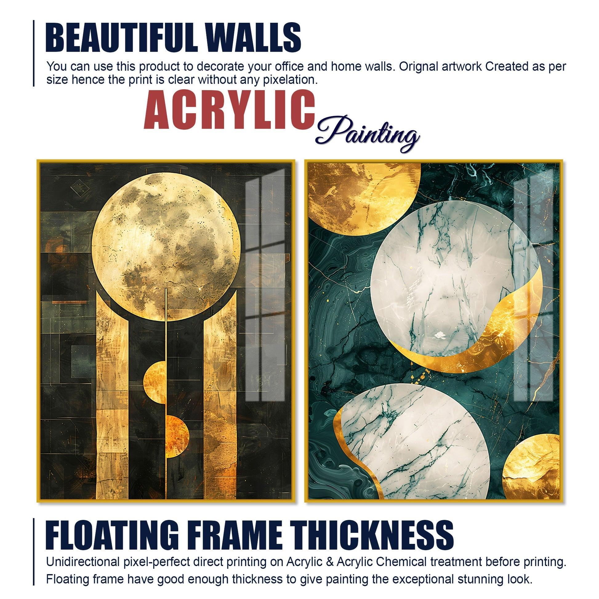 Abstract Golden Textured Shape Art Acrylic Floating Wall Painting Set Of 2 - Decor Mantra 