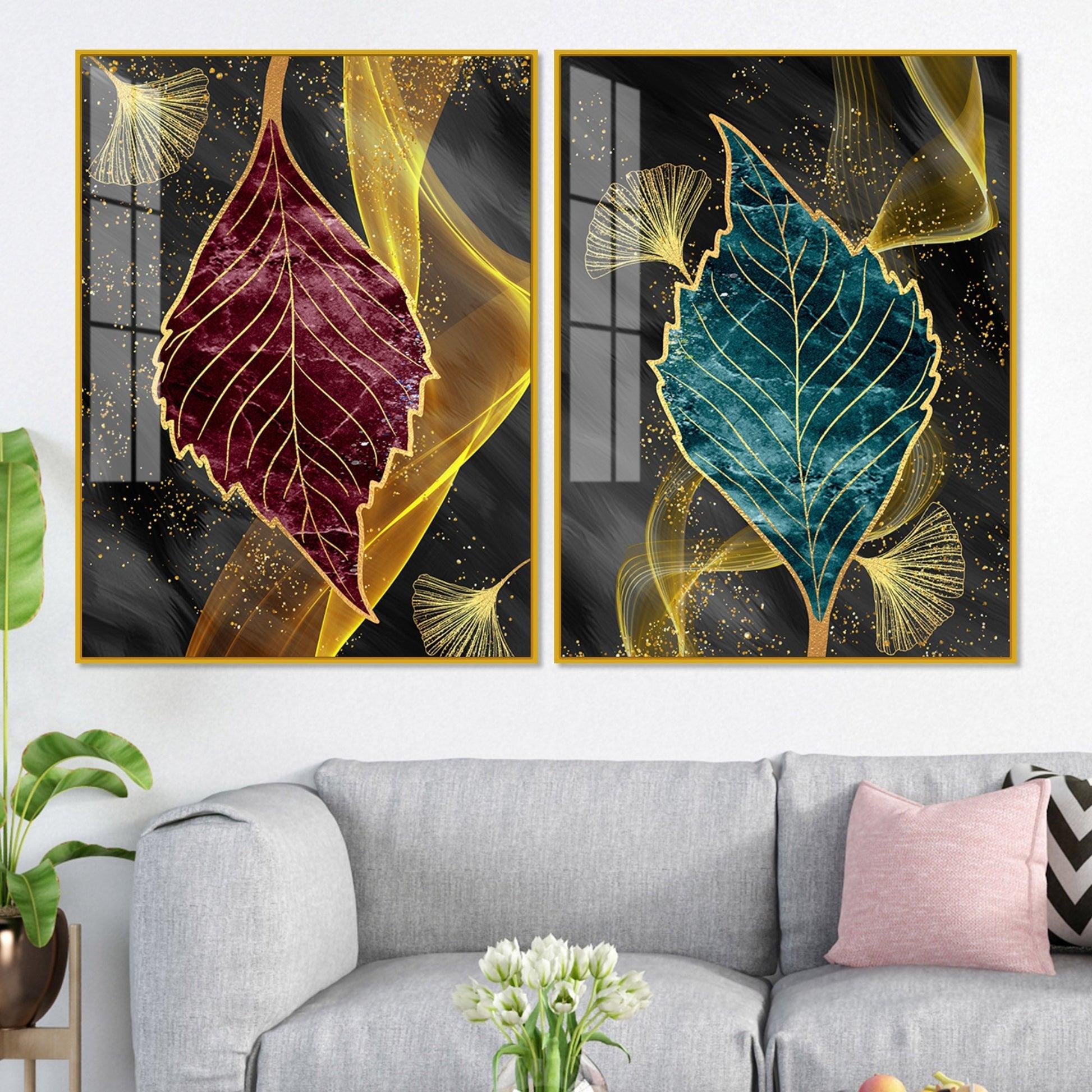 Green and Red Leaf Shape Acrylic Floating Wall Painting Set of 2 - Decor Mantra 