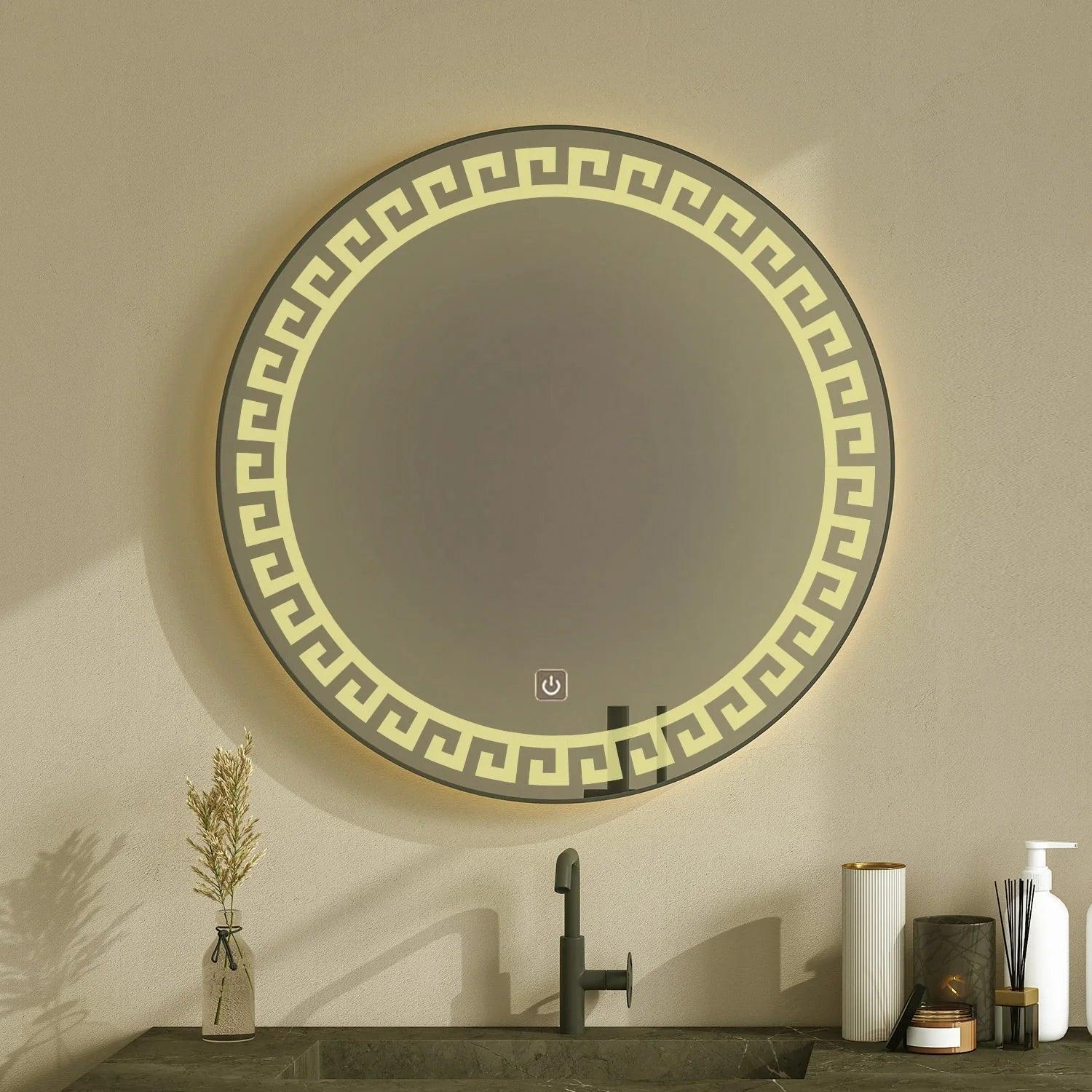 Beautiful Greek Key Motif Designer LED Round Shape Bathroom Mirror - Decor Mantra 