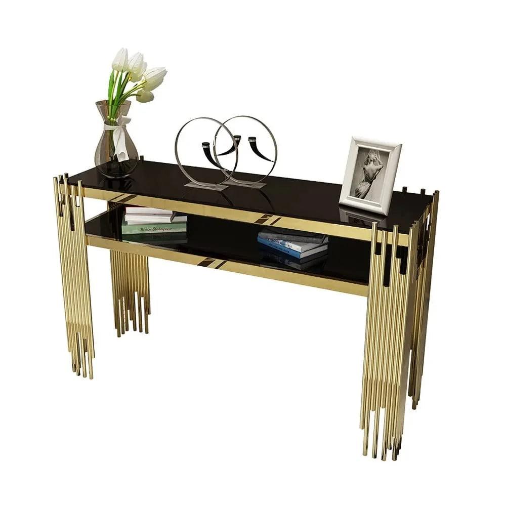 Black Faux Marble 2-Tier Narrow Console Table - Decor Mantra 