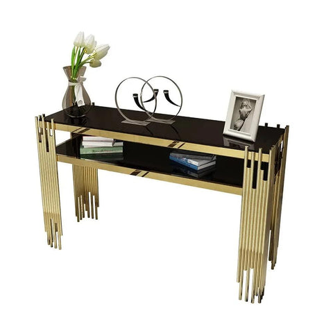 Black Faux Marble 2-Tier Narrow Console Table - Decor Mantra 