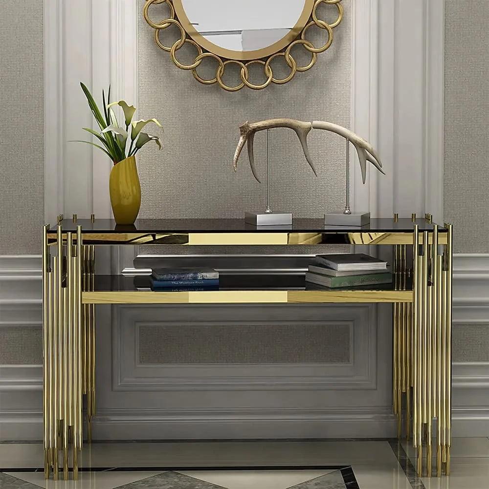 Black Faux Marble 2-Tier Narrow Console Table - Decor Mantra 