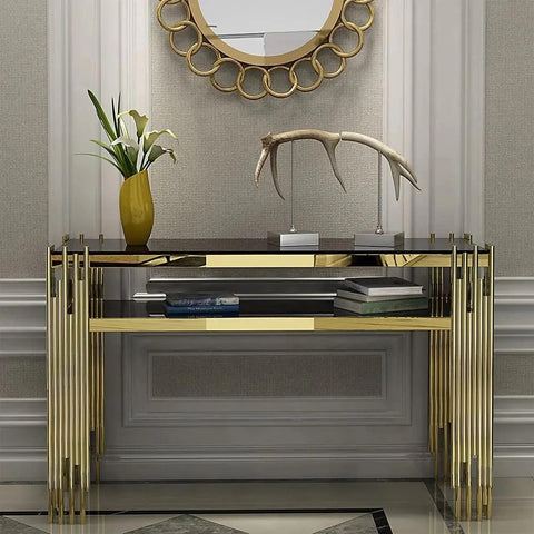 Black Faux Marble 2-Tier Narrow Console Table - Decor Mantra 