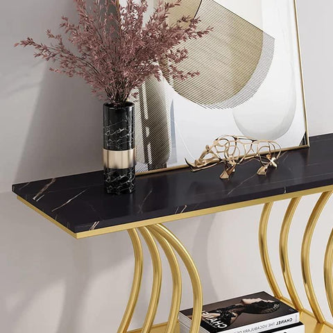 Black Narrow With Shelf Marble Top Console Table - Decor Mantra 